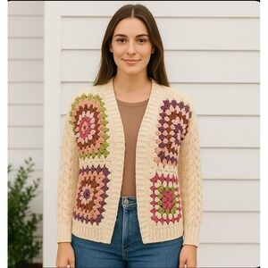 Crochet S/M Cardigan Granny Square Knit Sweater Open Front Colorful
